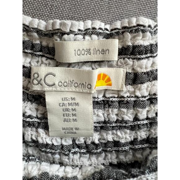 Over the shoulder elastic Smocked Striped Linen Babydoll Top bell sleeves Sz- M - Picture 4 of 5